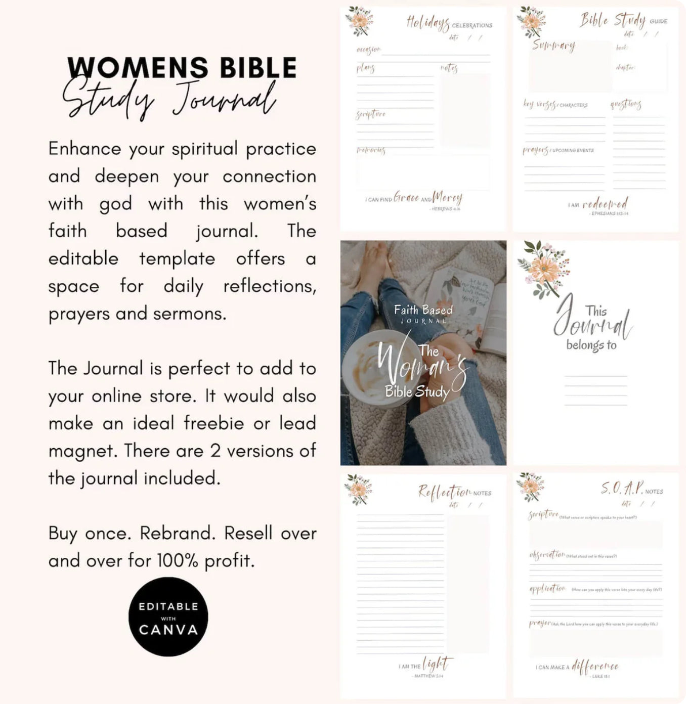 Editable Women's Faith-Based Journal | Devotional Journal & Bible Study Guide | WITH RESELL RIGHTS
