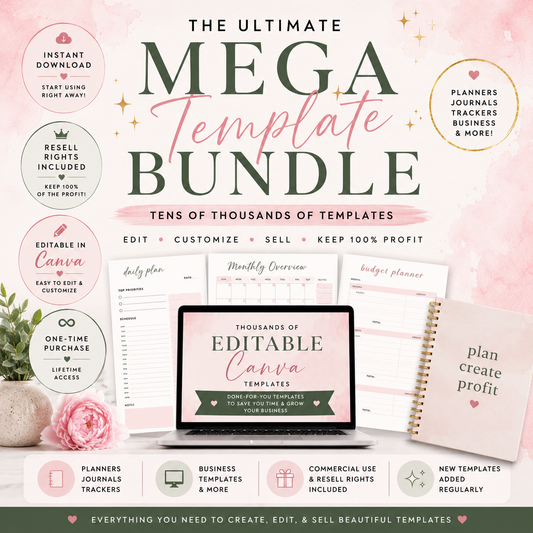 Mega Template Bundle – Tens of Thousands+ PLR Pages • Resell Rights Included • Editable Canva Templates